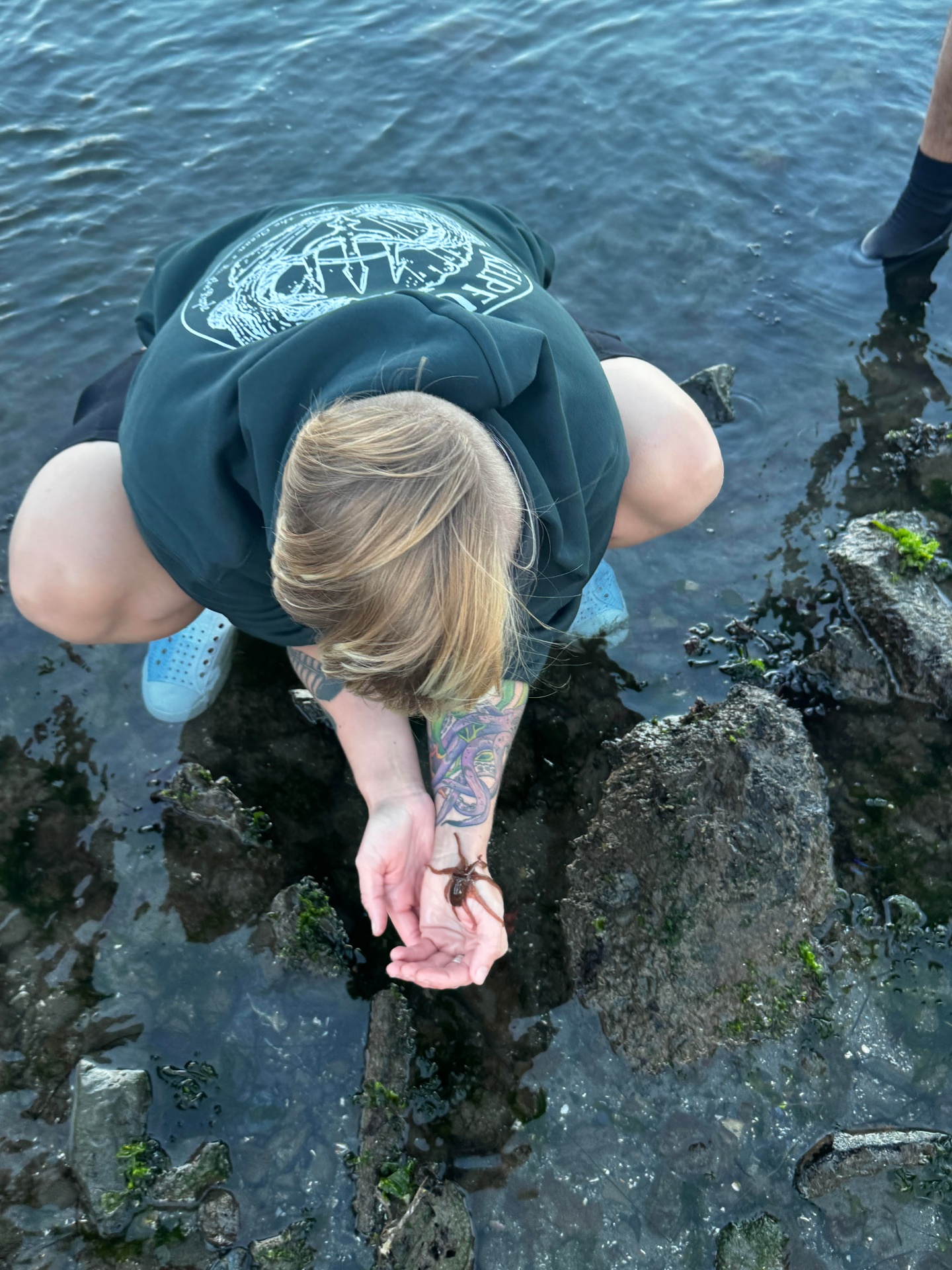 Holding a tiny crab found in a tide pool